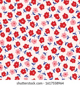 Pink, Red Ditsy Allover Artistic Floral Vector Seamless Pattern. Simplistic Small Hand Drawn Flowers with Purple Stems, Naive Blob Abstract Blooms on Cream Background. Minimal Stylized Daisies Print