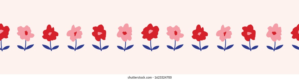 Pink and Red Ditsy Allover Artistic Floral Vector Seamless Pattern Border. Small Hand Drawn Flowers with Purple Stems , Naive Blob Abstract Blooms on Cream Background. Minimal Stylized Daisies Print