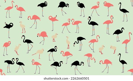 Pink red exotic flamingo birds species seamless pattern. Detailed feather drawing. Standing moving leaning postures. elegant flamingo birds family. Illustration depicting a flamingo 