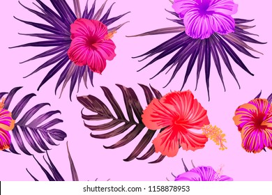 Pink red exotic pattern. Monstera and hibiscus flowers tropical bouquet.  Saturated large floral swimwear print. Horizontal romantic wild vector exotic tile. Bonny spring botanical design.