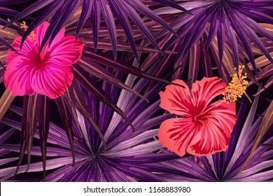 Pink red exotic pattern. Monstera and hibiscus flowers tropical bouquet.  Hawaiian t-shirt and swimwear tile.  Horizontal california natural texture design. Bonny spring botanical design.