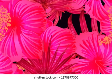Pink red exotic pattern. Monstera leaves and hibiscus flowers in summer print.  Hawaiian t-shirt and swimwear tile.  Horizontal romantic wild vector exotic tile. Hypernatural botanic design.
