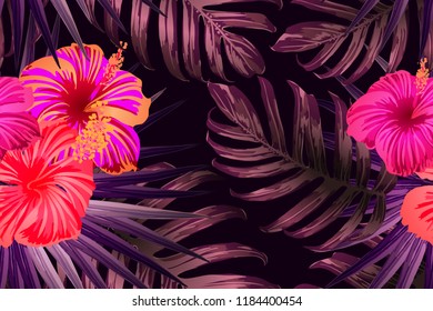 Pink red exotic pattern. Monstera leaves and hibiscus flowers in summer print.  Hawaiian t-shirt and swimwear tile.  Horizontal california natural texture design. Hypernatural botanic design.