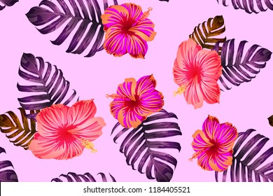 Pink red exotic pattern. Monstera and hibiscus flowers tropical bouquet.  Saturated large floral swimwear print. Horizontal california natural texture design. Bonny spring botanical design.