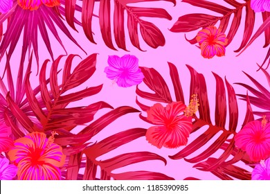 Pink red exotic pattern. Monstera leaves and hibiscus flowers in summer print.  Saturated large floral swimwear print. Horizontal romantic wild vector exotic tile. Hypernatural botanic design.