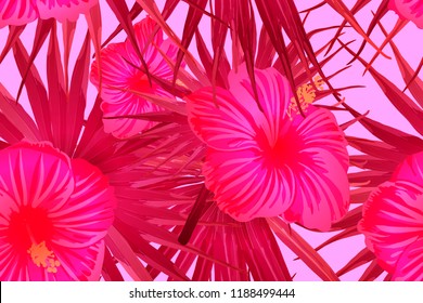 Pink red exotic pattern. Monstera and hibiscus flowers tropical bouquet.  Saturated large floral swimwear print. Horizontal romantic wild vector exotic tile. Hypernatural botanic design.