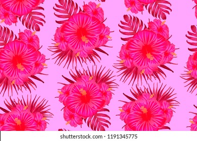 Pink red exotic pattern. Monstera and hibiscus flowers tropical bouquet.  Hawaiian t-shirt and swimwear tile.  Horizontal california natural texture design. Bonny spring botanical design.