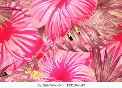 Pink red exotic pattern. Monstera leaves and hibiscus flowers in summer print.  Hawaiian t-shirt and swimwear tile.  Horizontal romantic wild vector exotic tile. Hypernatural botanic design.