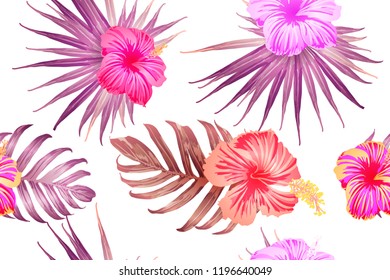 Pink red exotic pattern. Monstera leaves and hibiscus flowers in summer print.  Saturated large floral swimwear print. Horizontal California natural texture design. Spring botanical design.