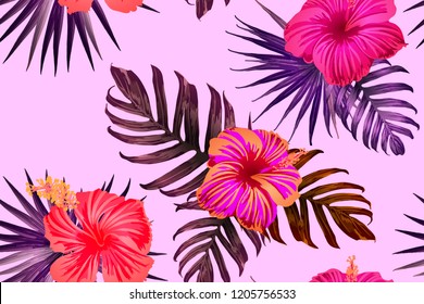 Pink red exotic pattern. Monstera leaves and hibiscus flowers in summer print.  Saturated large floral swimwear print. Horizontal romantic wild vector exotic tile. Bonny spring botanical design.