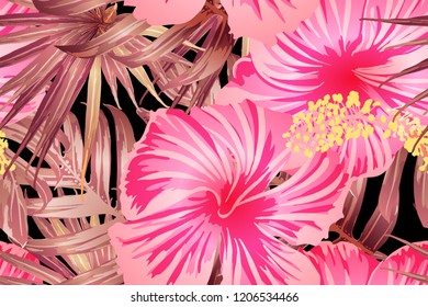 Pink red exotic pattern. Monstera and hibiscus flowers tropical bouquet.  Hawaiian t-shirt and swimwear tile.  Horizontal california natural texture design. Bonny spring botanical design.