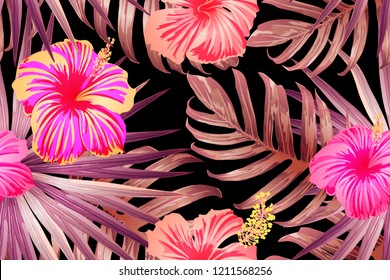 Pink red exotic pattern. Monstera leaves and hibiscus flowers in summer print.  Hawaiian t-shirt and swimwear tile.  Horizontal romantic wild vector exotic tile. Bonny spring botanical design.