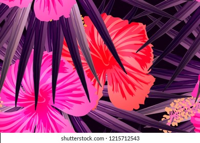 Pink red exotic pattern. Monstera leaves and hibiscus flowers in summer print.  Saturated large floral swimwear print. Horizontal romantic wild vector exotic tile. Hypernatural botanic design.