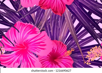 Pink red exotic pattern. Monstera and hibiscus flowers tropical bouquet.  Saturated large floral swimwear print. Horizontal california natural texture design. Bonny spring botanical design.