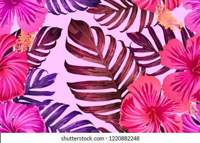 Pink red exotic pattern. Monstera and hibiscus flowers tropical bouquet.  Hawaiian t-shirt and swimwear tile.  Horizontal california natural texture design. Hypernatural botanic design.