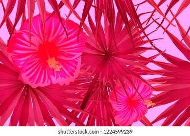 Pink red exotic pattern. Monstera and hibiscus flowers tropical bouquet.  Saturated large floral swimwear print. Horizontal california natural texture design. Hypernatural botanic design.