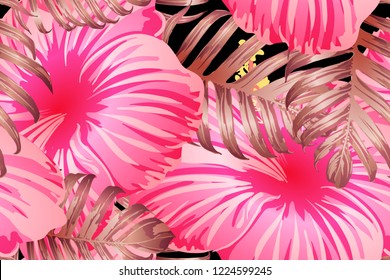 Pink red exotic pattern. Monstera leaves and hibiscus flowers in summer print.  Saturated large floral swimwear print. Horizontal romantic wild vector exotic tile. Hypernatural botanic design.