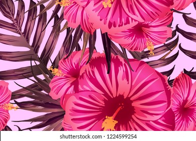 Pink red exotic pattern. Monstera leaves and hibiscus flowers in summer print.  Hawaiian t-shirt and swimwear tile.  Horizontal california natural texture design. Hypernatural botanic design.