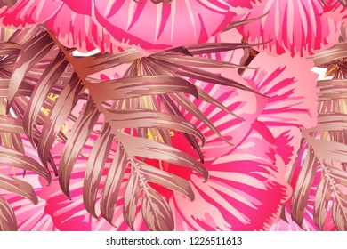 Pink red exotic pattern. Monstera leaves and hibiscus flowers in summer print.  Hawaiian t-shirt and swimwear tile.  Horizontal california natural texture design. Bonny spring botanical design.