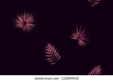 Pink red exotic pattern. Monstera leaves and hibiscus flowers in summer print.  Hawaiian t-shirt and swimwear tile.  Horizontal california natural texture design. Hypernatural botanic design.