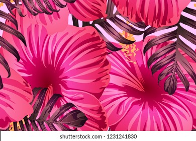 Pink red exotic pattern. Monstera leaves and hibiscus flowers in summer print.  Saturated large floral swimwear print. Horizontal romantic wild vector exotic tile. Bonny spring botanical design.