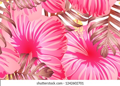 Pink red exotic pattern. Monstera leaves and hibiscus flowers in summer print.  Saturated large floral swimwear print. Horizontal california natural texture design. Hypernatural botanic design.