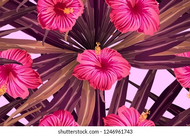 Pink red exotic pattern. Monstera and hibiscus flowers tropical bouquet.  Hawaiian t-shirt and swimwear tile.  Horizontal romantic wild vector exotic tile. Bonny spring botanical design.
