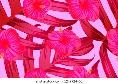 Pink red exotic pattern. Monstera and hibiscus flowers tropical bouquet.  Saturated large floral swimwear print. Horizontal california natural texture design. Hypernatural botanic design.