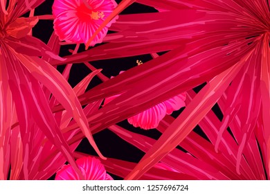 Pink red exotic pattern. Monstera and hibiscus flowers tropical bouquet.  Saturated large floral swimwear print. Horizontal romantic wild vector exotic tile. Hypernatural botanic design.