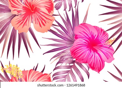 Pink red exotic pattern. Monstera and hibiscus flowers tropical bouquet.  Saturated large floral swimwear print. Horizontal romantic wild vector exotic tile. Bonny spring botanical design.