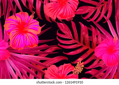 Pink red exotic pattern. Monstera leaves and hibiscus flowers in summer print.  Saturated large floral swimwear print. Horizontal california natural texture design. Bonny spring botanical design.