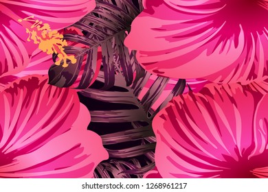 Pink red exotic pattern. Monstera and hibiscus flowers tropical bouquet.  Saturated large floral swimwear print. Horizontal california natural texture design. Hypernatural botanic design.