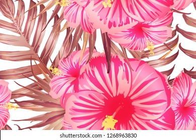 Pink red exotic pattern. Monstera leaves and hibiscus flowers in summer print.  Hawaiian t-shirt and swimwear tile.  Horizontal romantic wild vector exotic tile. Hypernatural botanic design.