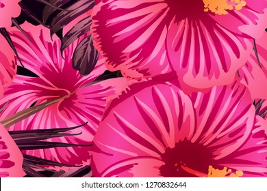 Pink red exotic pattern. Monstera leaves and hibiscus flowers in summer print.  Hawaiian t-shirt and swimwear tile.  Horizontal romantic wild vector exotic tile. Bonny spring botanical design.
