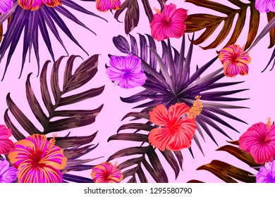 Pink red exotic pattern. Monstera leaves and hibiscus flowers in summer print.  Hawaiian t-shirt and swimwear tile.  Horizontal romantic wild vector exotic tile. Bonny spring botanical design.