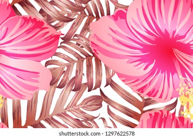 Pink red exotic pattern. Monstera leaves and hibiscus flowers in summer print.  Hawaiian t-shirt and swimwear tile.  Horizontal california natural texture design. Bonny spring botanical design.