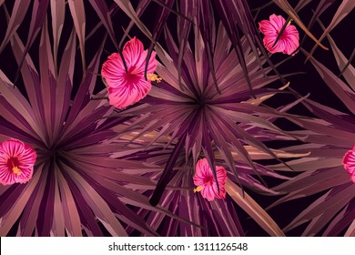 Pink red exotic pattern. Monstera leaves and hibiscus flowers in summer print.  Saturated large floral swimwear print. Horizontal california natural texture design. Hypernatural botanic design.