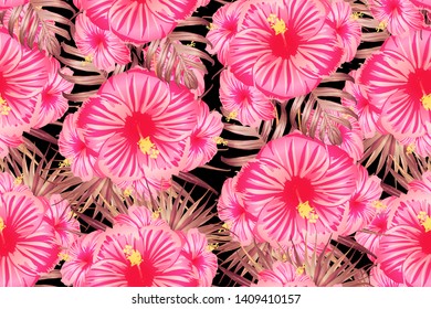 Pink red exotic pattern. Monstera leaves and hibiscus flowers in summer print.  Hawaiian t-shirt and swimwear tile.  Horizontal california natural texture design. Bonny spring botanical design.