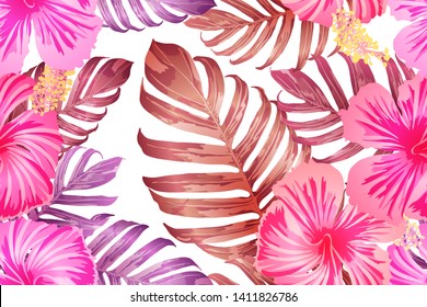 Pink red exotic pattern. Monstera leaves and hibiscus flowers in summer print.  Saturated large floral swimwear print. Horizontal romantic wild vector exotic tile. Bonny spring botanical design.