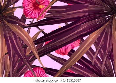 Pink red exotic pattern. Monstera and hibiscus flowers tropical bouquet.  Hawaiian t-shirt and swimwear tile.  Horizontal romantic wild vector exotic tile. Bonny spring botanical design.