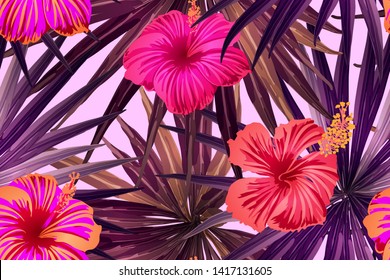 Pink red exotic pattern. Monstera and hibiscus flowers tropical bouquet.  Saturated large floral swimwear print. Horizontal california natural texture design. Hypernatural botanic design.