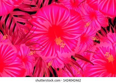 Pink red exotic pattern. Monstera and hibiscus flowers tropical bouquet.  Hawaiian t-shirt and swimwear tile.  Horizontal california natural texture design. Hypernatural botanic design.