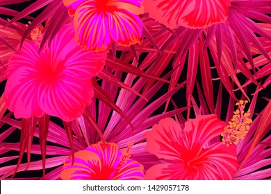 Pink red exotic pattern. Monstera and hibiscus flowers tropical bouquet.  Saturated large floral swimwear print. Horizontal california natural texture design. Bonny spring botanical design.