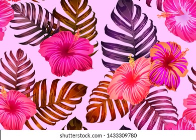Pink red exotic pattern. Monstera leaves and hibiscus flowers in summer print.  Saturated large floral swimwear print. Horizontal california natural texture design. Hypernatural botanic design.