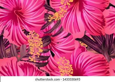 Pink red exotic pattern. Monstera and hibiscus flowers tropical bouquet.  Saturated large floral swimwear print. Horizontal romantic wild vector exotic tile. Bonny spring botanical design.
