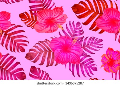 Pink red exotic pattern. Monstera and hibiscus flowers tropical bouquet.  Saturated large floral swimwear print. Horizontal california natural texture design. Bonny spring botanical design.