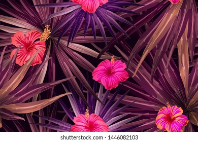 Pink red exotic pattern. Monstera leaves and hibiscus flowers in summer print.  Hawaiian t-shirt and swimwear tile.  Horizontal california natural texture design. Bonny spring botanical design.