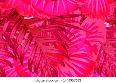 Pink red exotic pattern. Monstera and hibiscus flowers tropical bouquet.  Hawaiian t-shirt and swimwear tile.  Horizontal california natural texture design. Bonny spring botanical design.