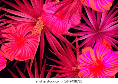 Pink red exotic pattern. Monstera and hibiscus flowers tropical bouquet.  Hawaiian t-shirt and swimwear tile.  Horizontal california natural texture design. Hypernatural botanic design.