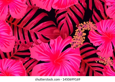 Pink red exotic pattern. Monstera leaves and hibiscus flowers in summer print.  Hawaiian t-shirt and swimwear tile.  Horizontal romantic wild vector exotic tile. Bonny spring botanical design.